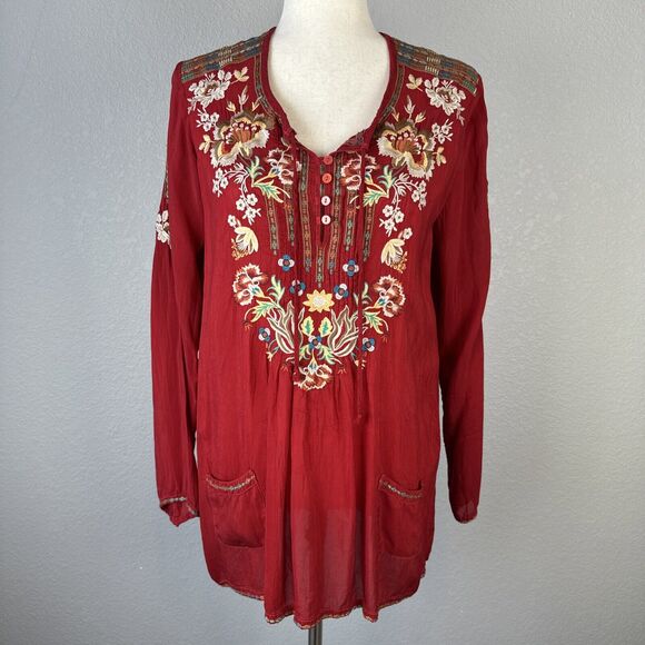 Johnny Was Tops - Johnny Was Women Long Sleeve Floral Embroidered Tunic Top Shirt Size S Red Cupro